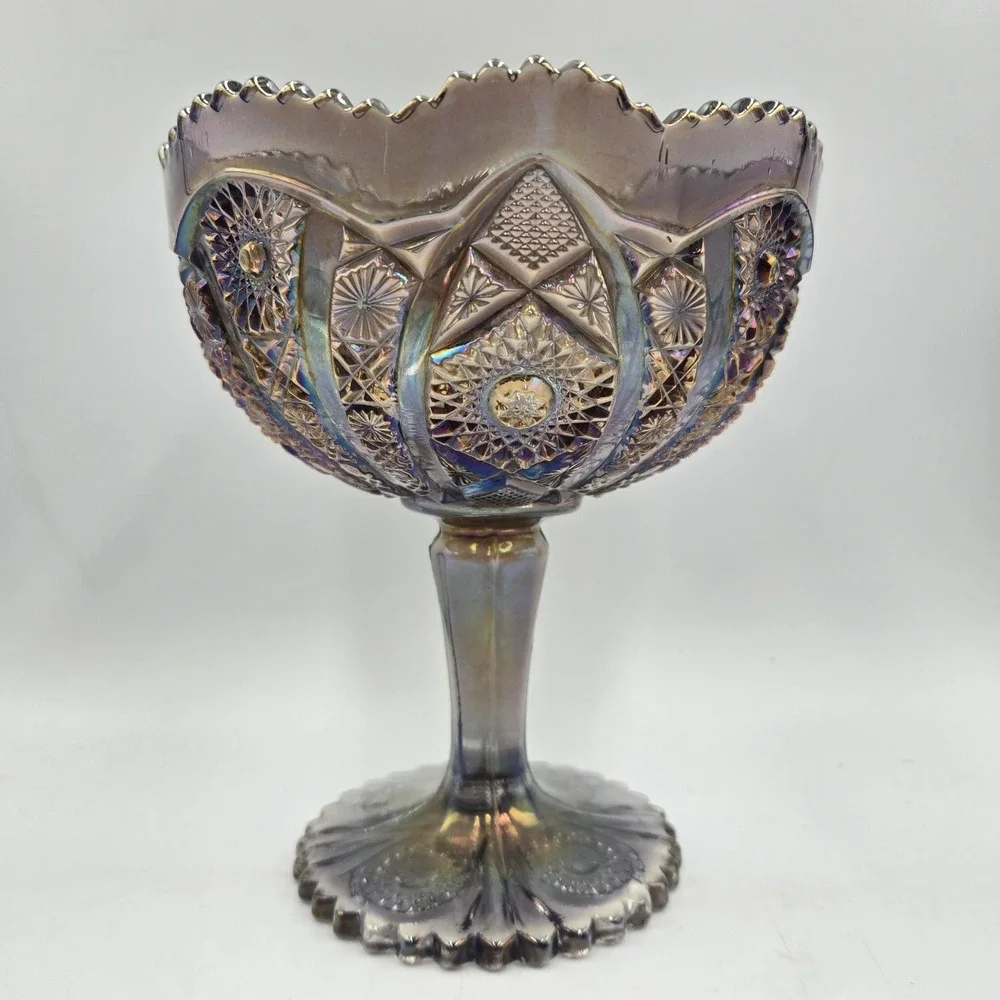 Vintage Imperial Glass Octagon Compote Smoke Carnival Glass Pedestal Candy Dish